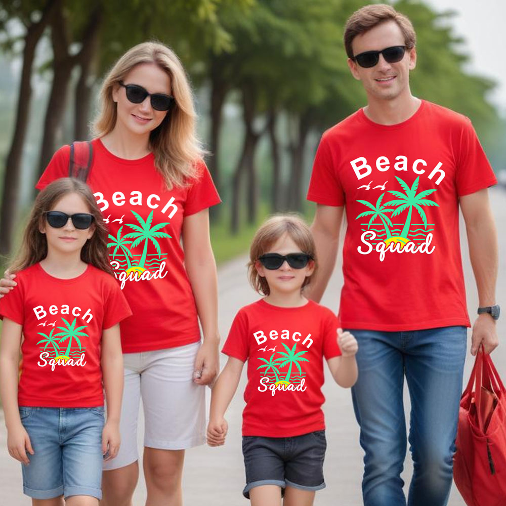 Family of four wearing matching red 'Beach Squad' t-shirts with palm tree graphics.