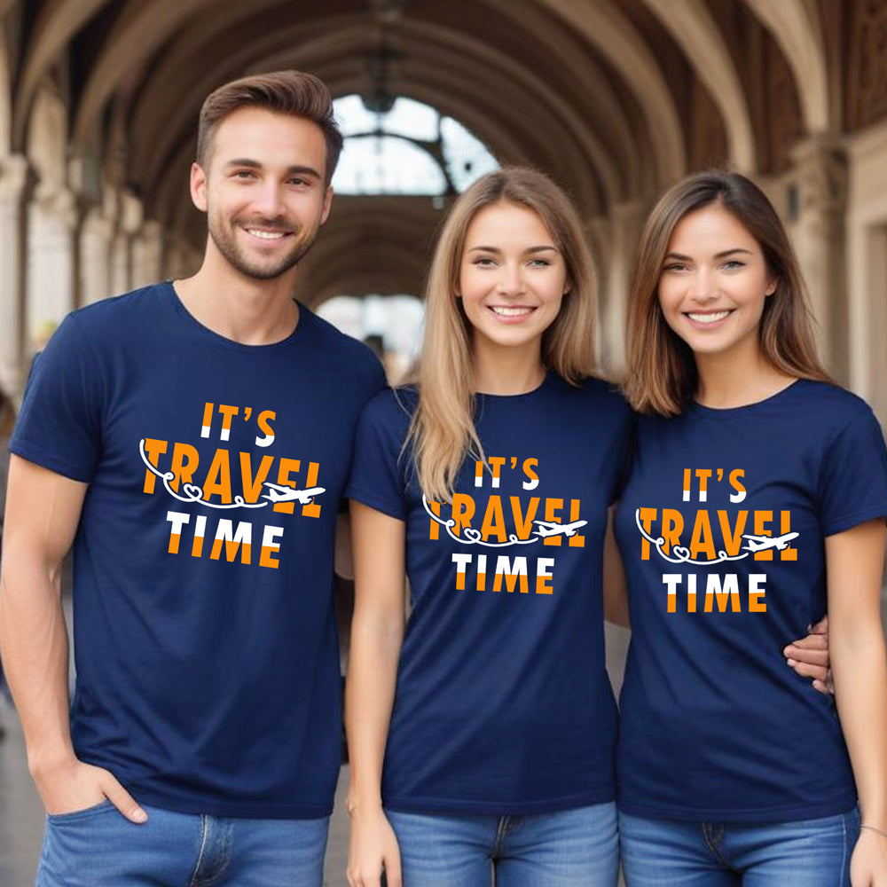 Three friends wearing matching blue t-shirts with 'It's Travel Time' text.