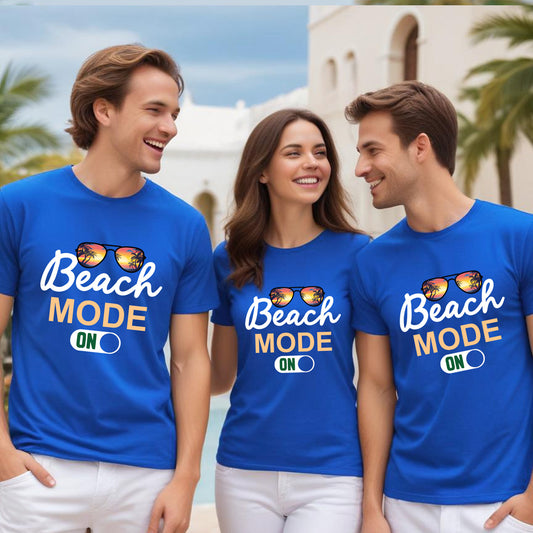 Three people wearing blue t-shirts with 'Beach Mode ON' text and sunglasses graphic.