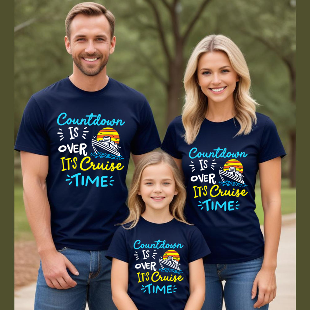 Family wearing navy blue t-shirts with 'Countdown is over, it's cruise time' design.