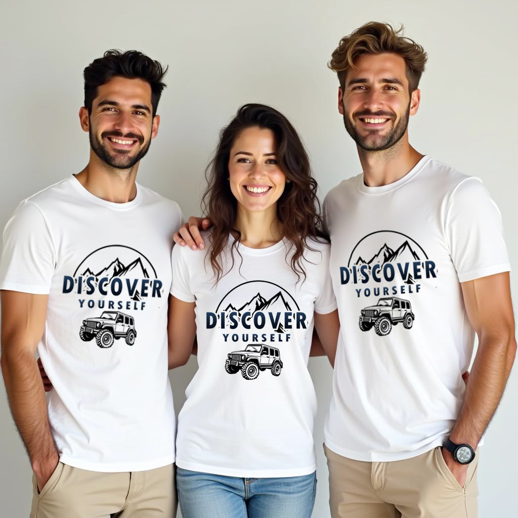 Three people wearing white t-shirts with 'Discover Yourself' and jeep graphic design.