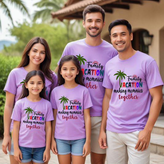 Family wearing matching purple t-shirts with a vacation theme.