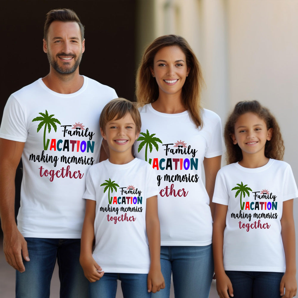 Family of four wearing matching white t-shirts with colorful text and palm tree graphics.