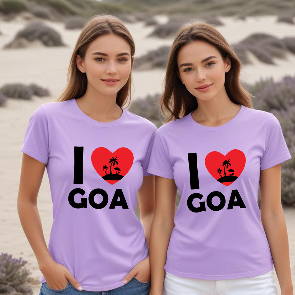 Two women wearing purple 'I ❤️ Goa' t-shirts in a lavender field.