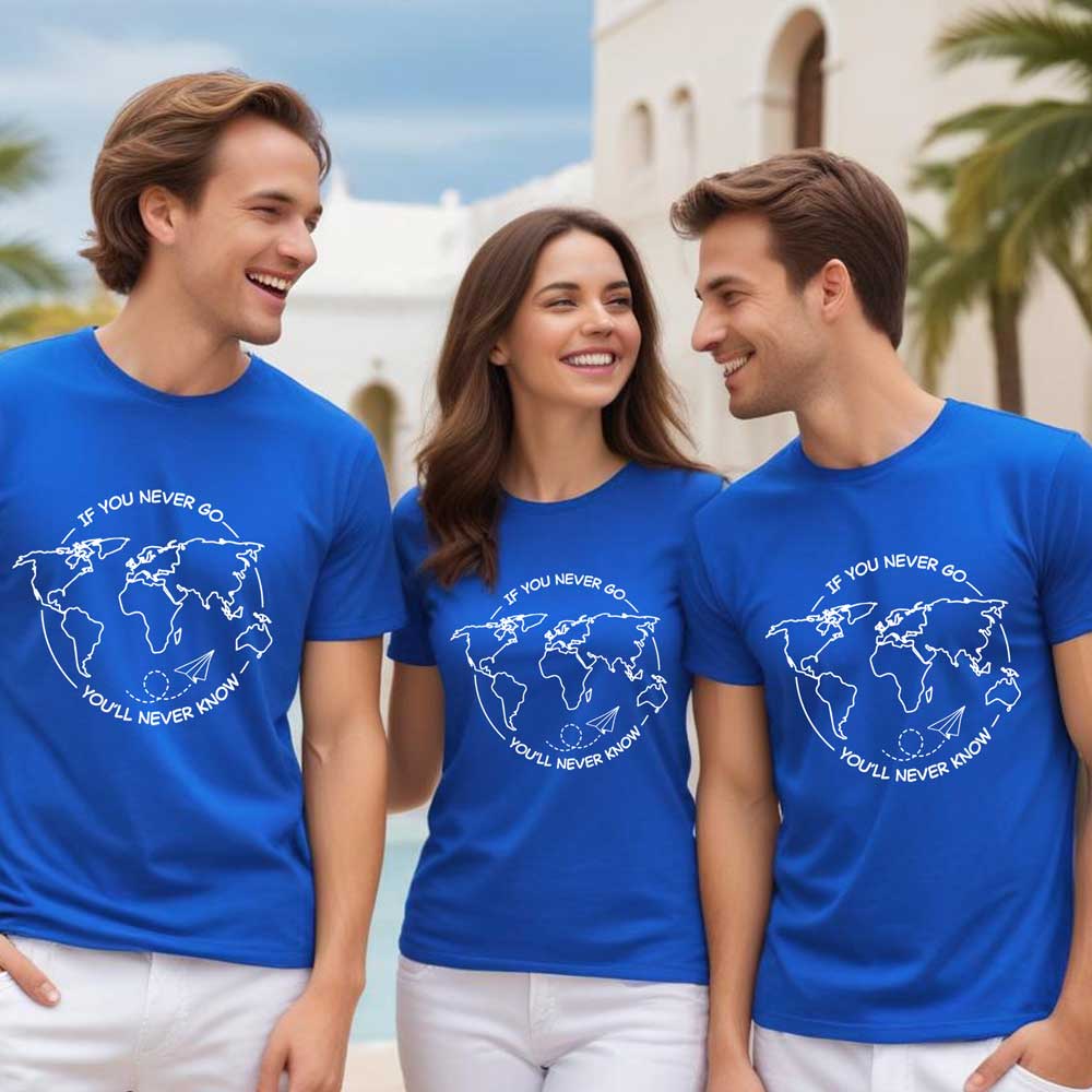 Three people wearing blue t-shirts with a world map design and text.