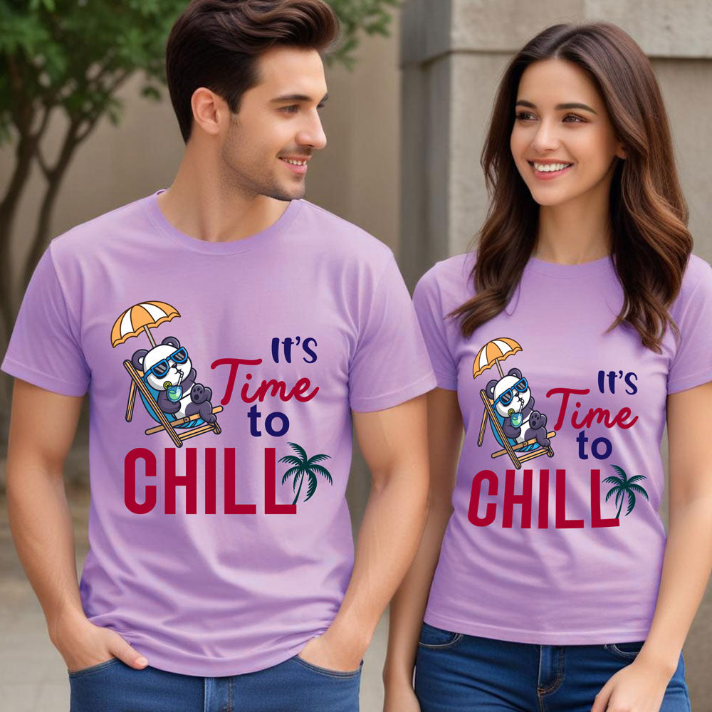 Two people wearing matching purple t-shirts with a panda design and text.