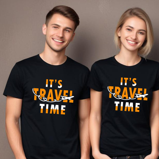Two people wearing black t-shirts with 'It's Travel Time' text.
