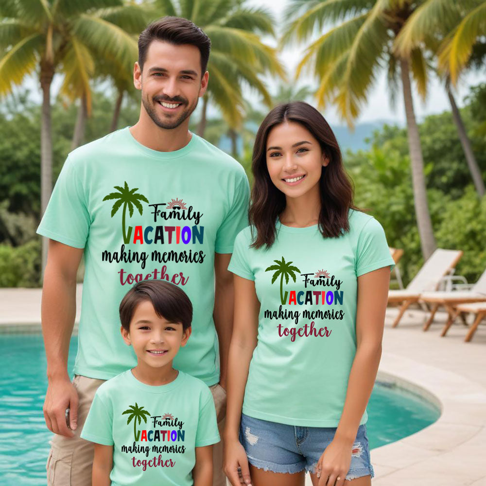 Family of three wearing matching light green t-shirts with 'Family Vacation making memories together' text by a pool.