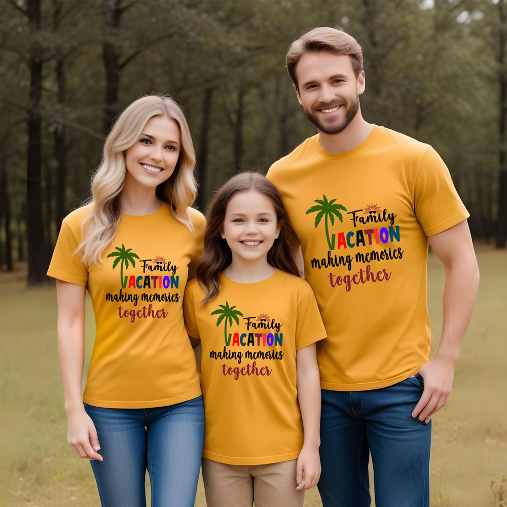 Family of three wearing matching yellow t-shirts with 'Family Vacation' text in a forest setting.