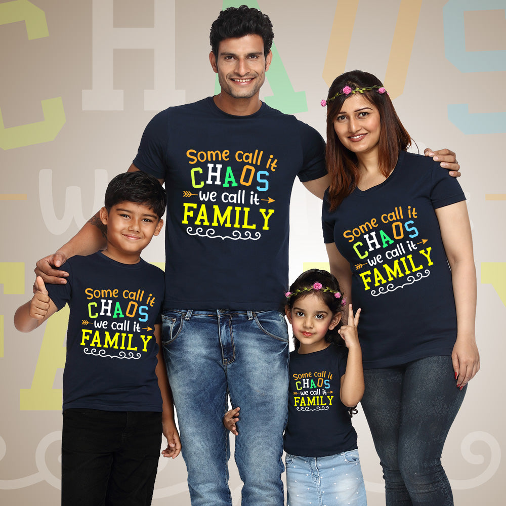 Family of four wearing matching t-shirts with a family-themed message.