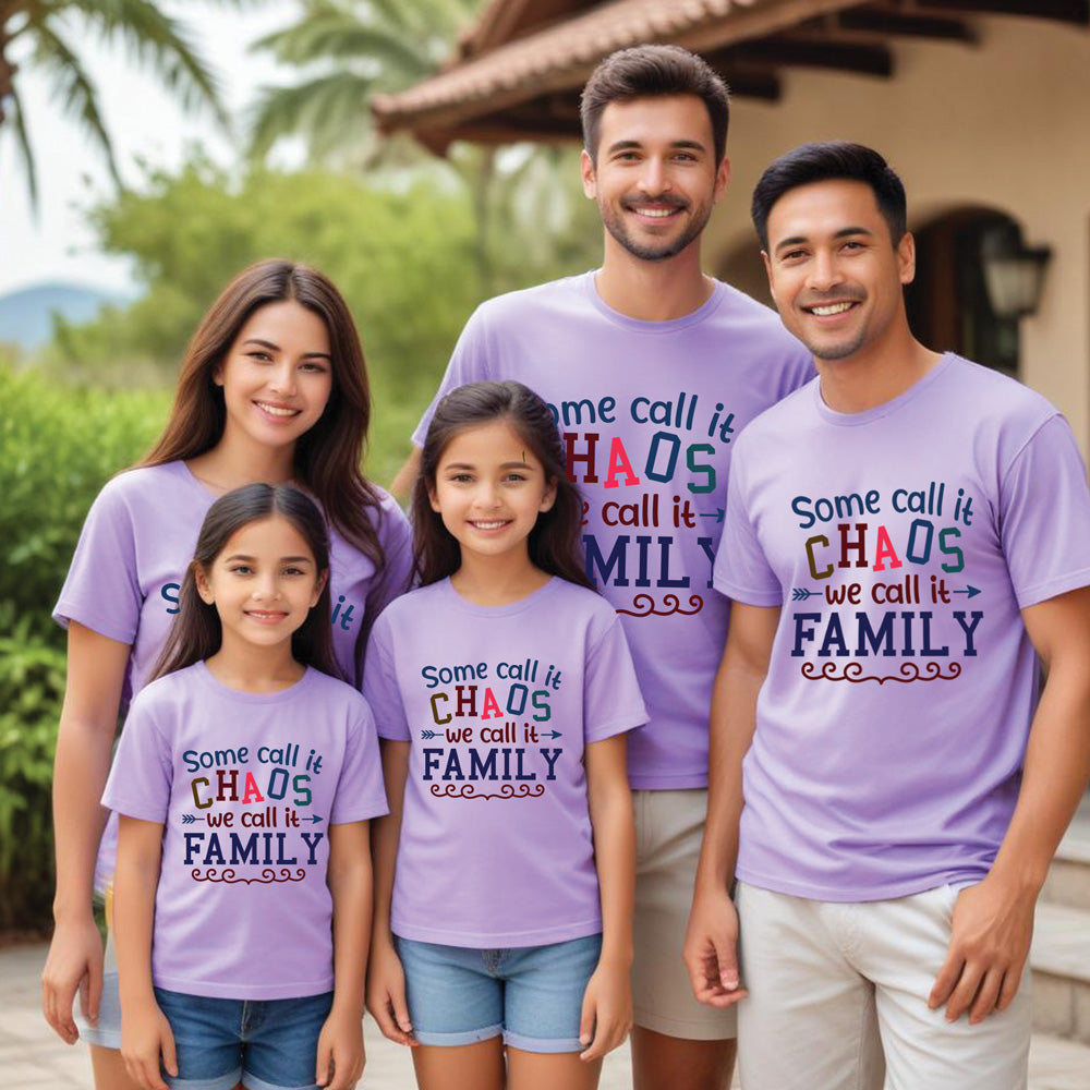 Family wearing matching purple t-shirts with a humorous family quote.
