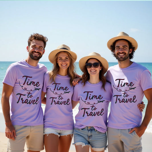 Four people on a beach wearing matching purple t-shirts with 'Time to Travel' text.